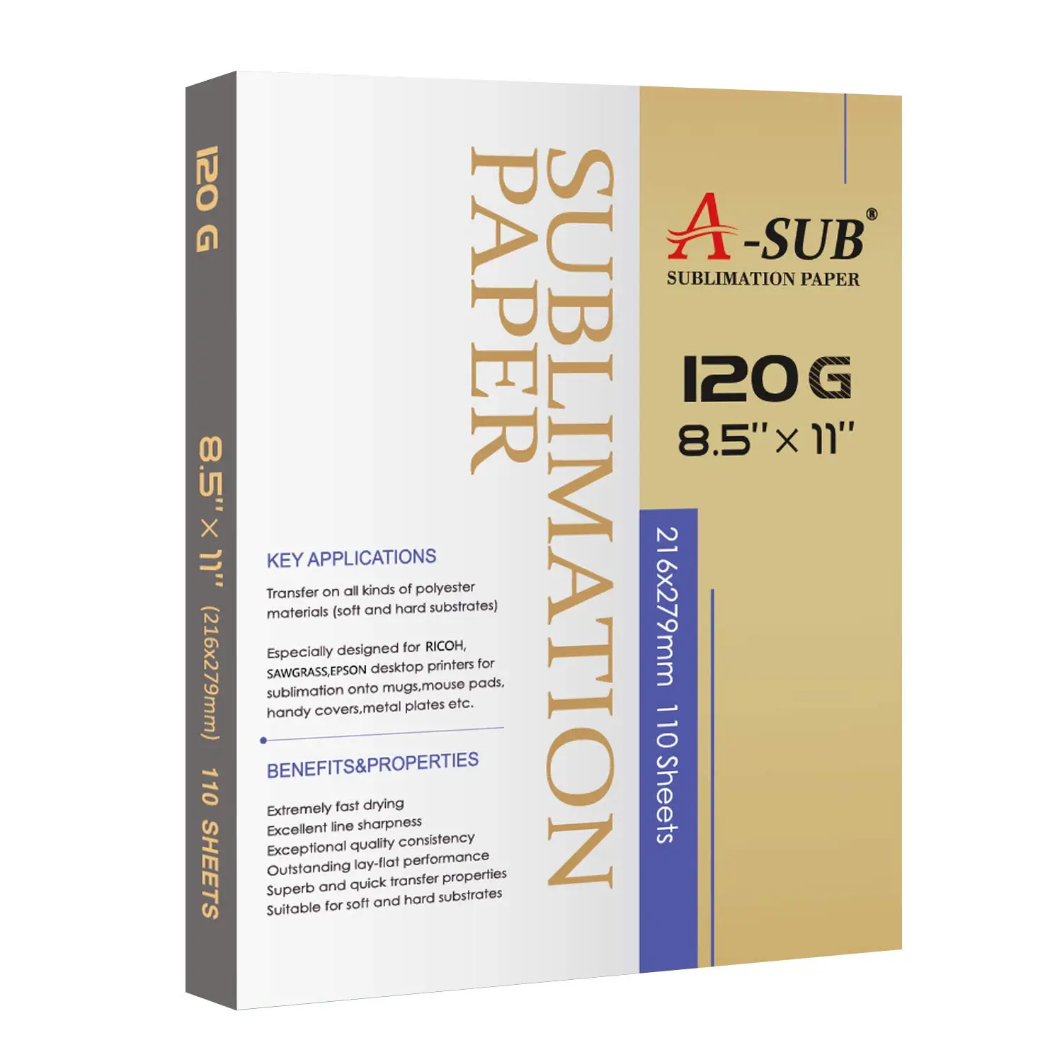A-SUB 8.5'' x 11'' Sublimation Paper 120gsm, 110 Sheets, Vibrant Colors, No Bleed, No Paper Jam, Suitable for Light or Heavy Ink Saturation