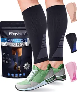 Calf Compression Sleeves for Men and Women - (1 Pair) Footless Compression Socks Support for Varicose Vein, Nursing, Pregnancy, Running - PhysFlex Leg Sleeve Brace for Shin Splints, Pain Relief and