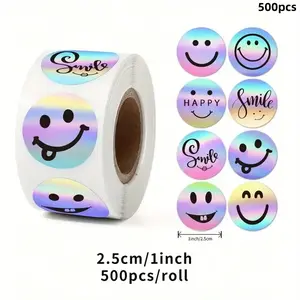 500 Sheets Per Roll, 1.5 Inch Holographic Laser Film Expression Stickers, Round Outer Packaging Decorative Universal Reward Stickers