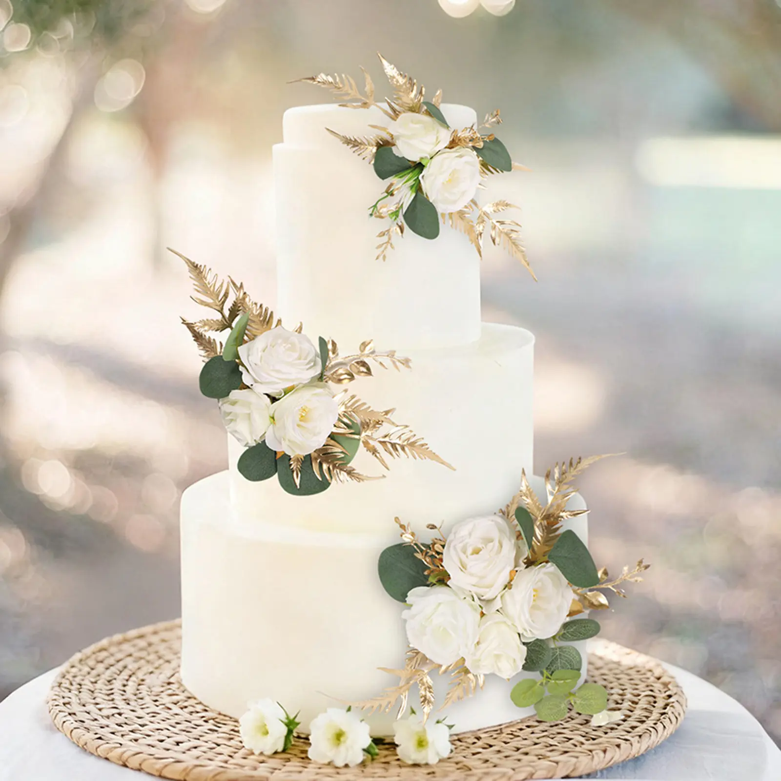 3Pcs White Artificial Rose Cake Toppers Gold Eucalyptus Floral Cake Decorations for Wedding Luxury Cake Decorations Perfect for Wedding, Birthday, Anniversary and Ceremony Party Dessert