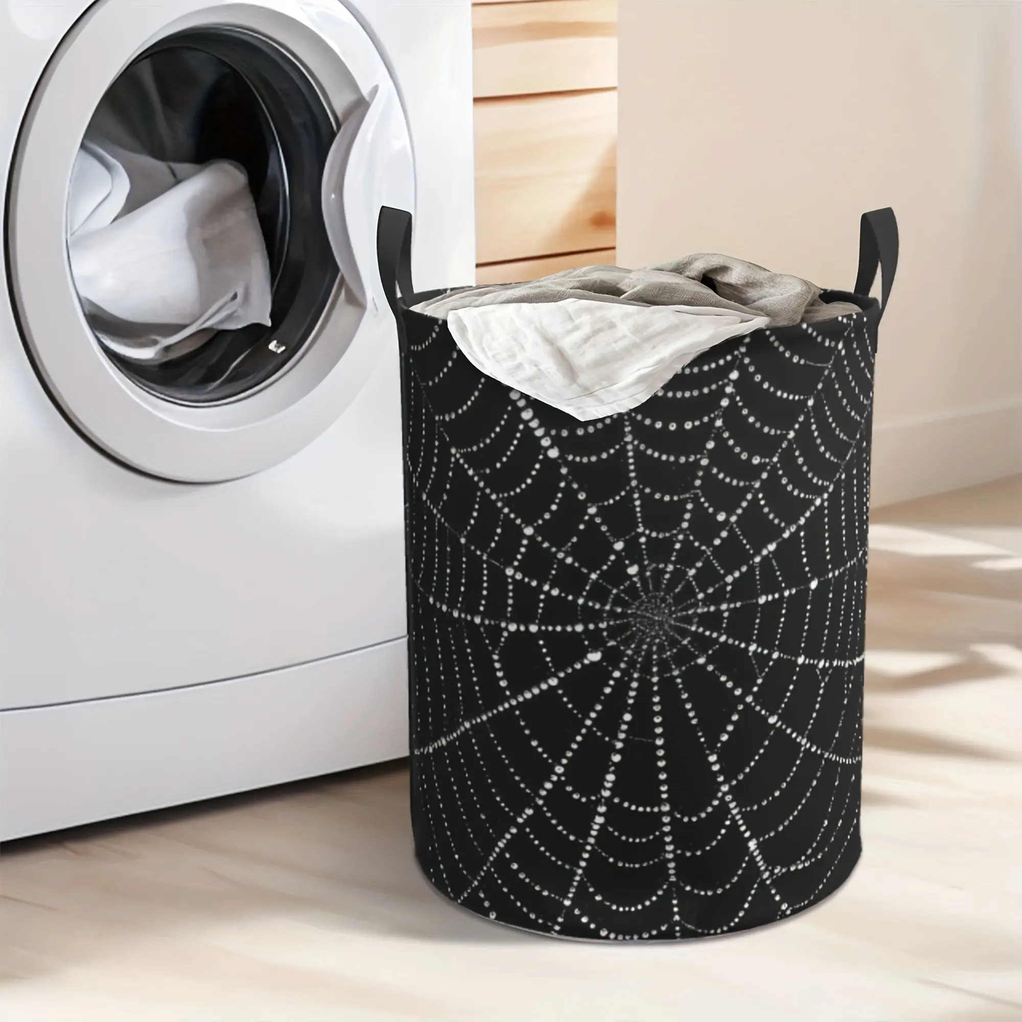 Blcak Modern Spider Web Pattern Polyester Laundry Hamper with Handles, Foldable, Large Capacity Storage Basket for Clothes, Toys - Ideal Forbathroom Decor And Accessories, Bathroom Organizers And Storage, Room Decor, Laundry Hamper,, Laundry Baskets