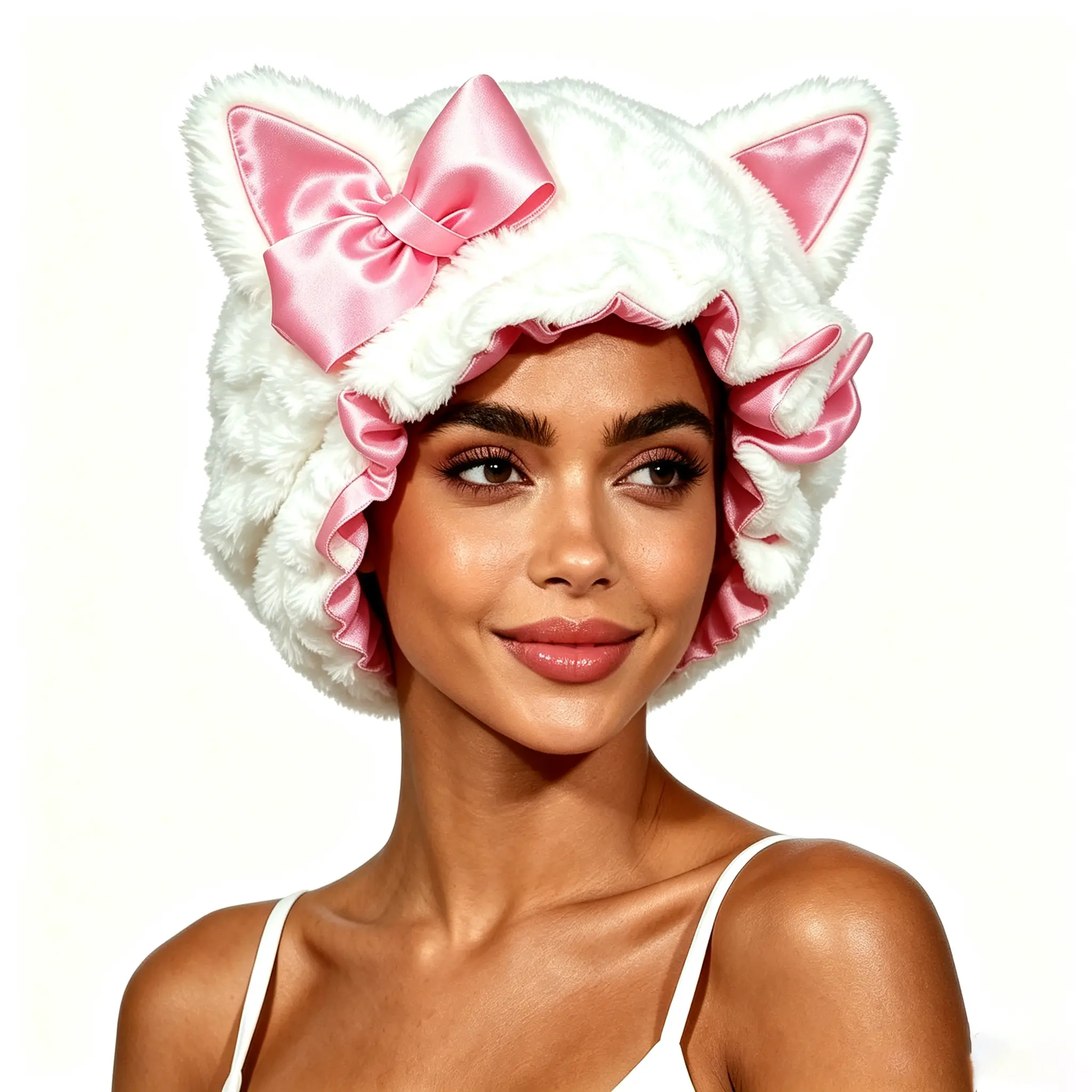 Women's Reversible Cat Ear Beanie - 16 in Soft Plush Winter Knit Cap, White & Pink Stretchy Headwear, Daily Wear Teddy Bonnet