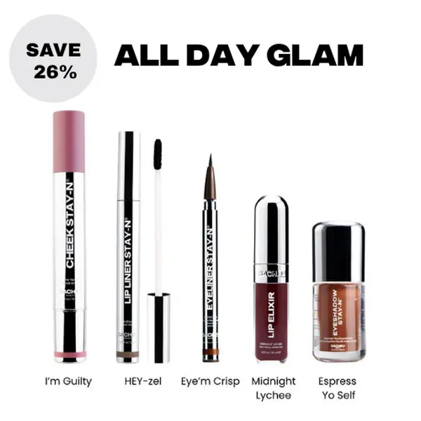 sacheu All Day Glam 5-Piece Makeup Set | Lip Liner, Gloss, Eyeshadow, Eyeliner & Cheek STAY-N Kit | Full Face Long-Wear Makeup Set