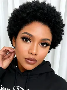 pixie wig women gifts afro curly  pixie cut human hair wig machine made natural black color curly daily party cosplay use human hair wig Afro Wigs Natural Looking Wig