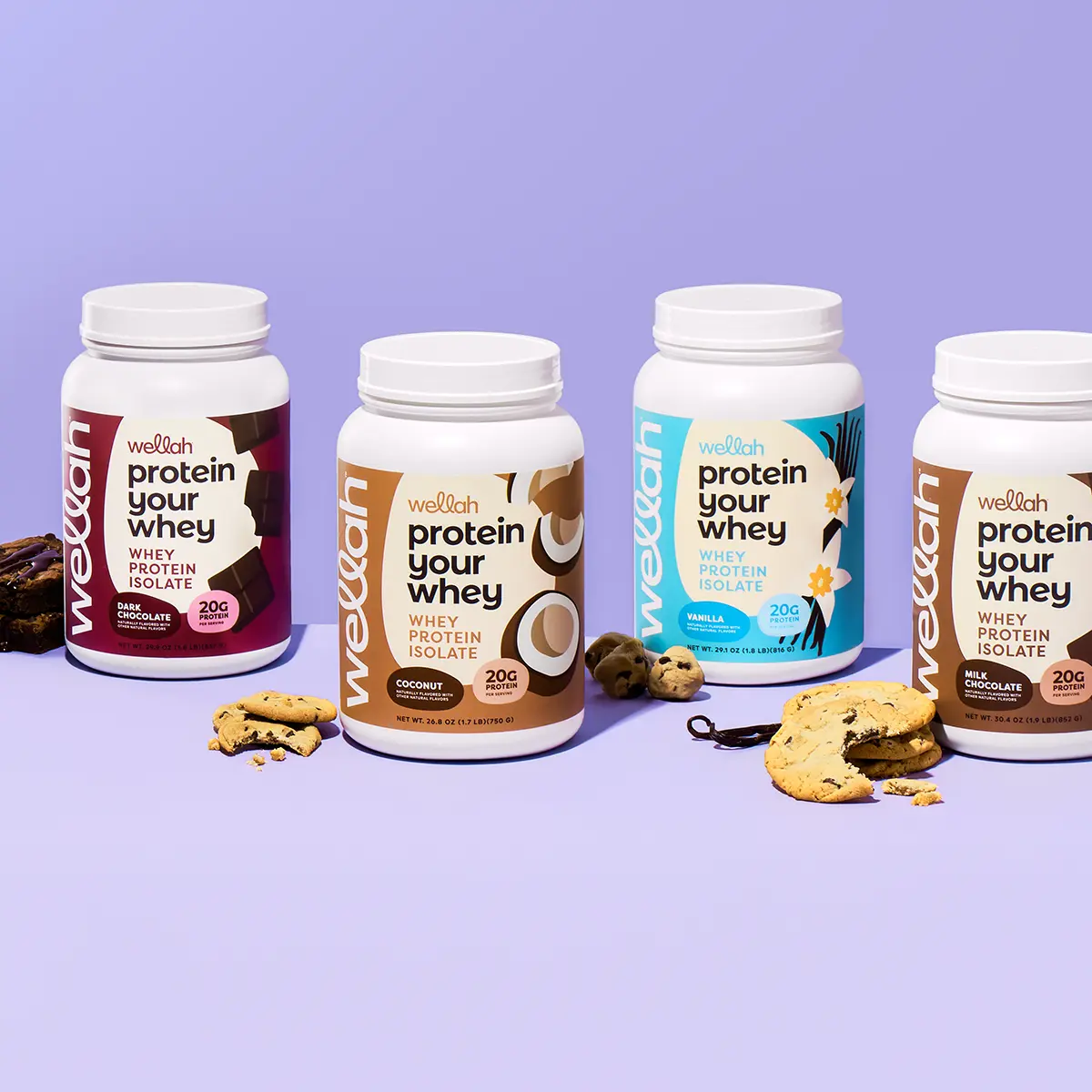 Wellah Protein Your Whey Grass Fed Whey Protein Isolate 20g Protein 100 Calories 30 Servings Chocolate Coconut Vanilla Flavors