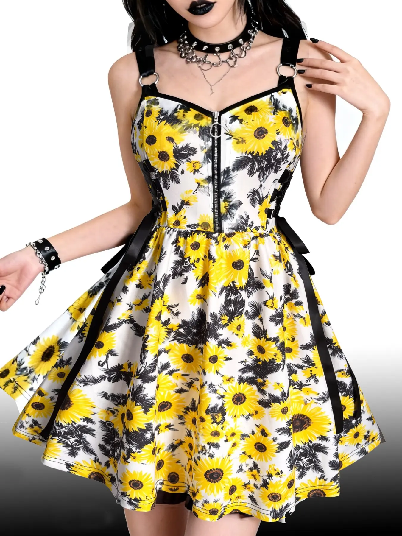 Sunflower Print Casual Dress, Women's Summer Bohemian Sleeveless Dress, Tie Waist Adjustable Slim Fit V-Neck Cute Floral Print Dress, Comfortable, Stylish and Lightweight