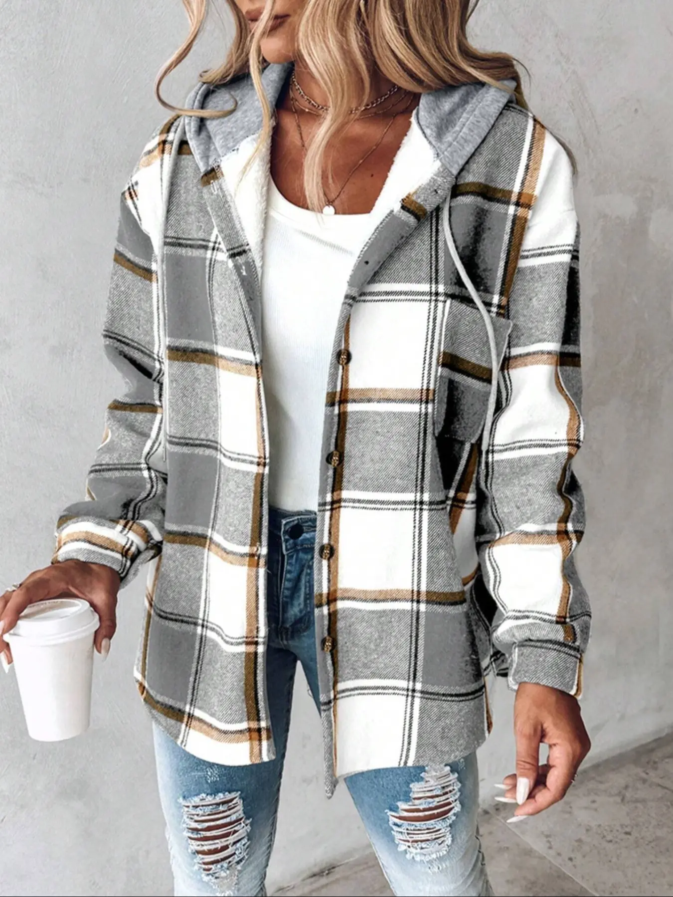 Plaid Hooded Fleece Shirt Jacket Coats, Loose-Fit Oversized Long Sleeve Woven Fabric Casual Spring & Fall Outerwear, Thick Comfortable Women's Clothing