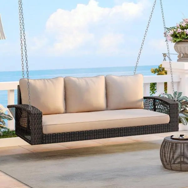 Bellemave 69" PE Wicker 3-Person Porch Swing with Chains & Cushions, Large Outdoor Patio Furniture Bench for Backyard, Garden, Swing Porch Swings