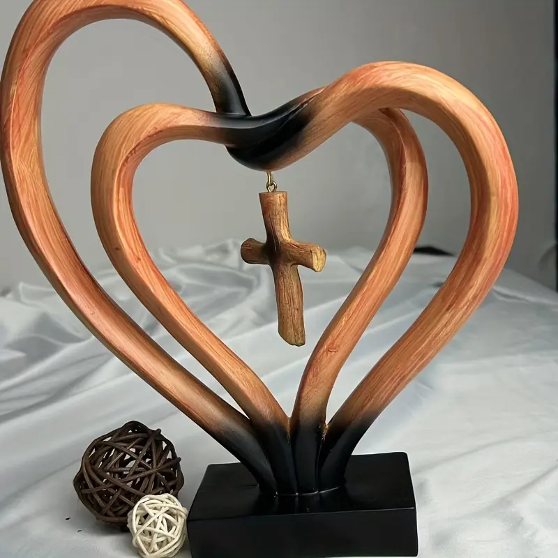 2 pieces - Heart-shaped cross sculptures intertwined on Valentine's Day, resin-made love and faith decorations, modern and simple religious table ornaments, suitable for home or office table decoration, Home Decor Statue, Resin Figurine Statue