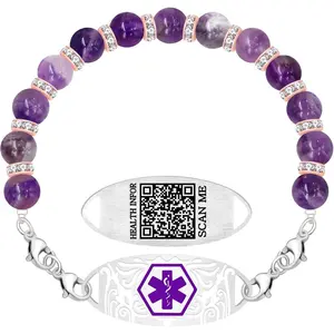 Uloveido Amethyst Beaded Medical Alert Bracelet for Women | Dynamic QR Code Medical ID Bracelet with Stainless Steel Tag, Scan to Update Emergency Information, Double Lobster Clasp Safety Bracelet for Travel Daily Wear