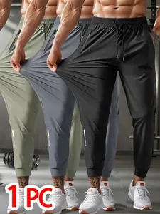 Men’s Ice Silk Breathable Long Pants, 1-Pack, Drawstring Waist, Zipper Pockets, Casual Ankle-Length Pants, Suitable for Gym Workouts