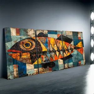 Framed, 3-piece modern abstract colorful fish tank art print, framed wall decoration, suitable for living room and bedroom, geometric fish design in bright colors, living room decoration | Abstract Fish Art | Brightly Colored Art, Fish Tank Decoration