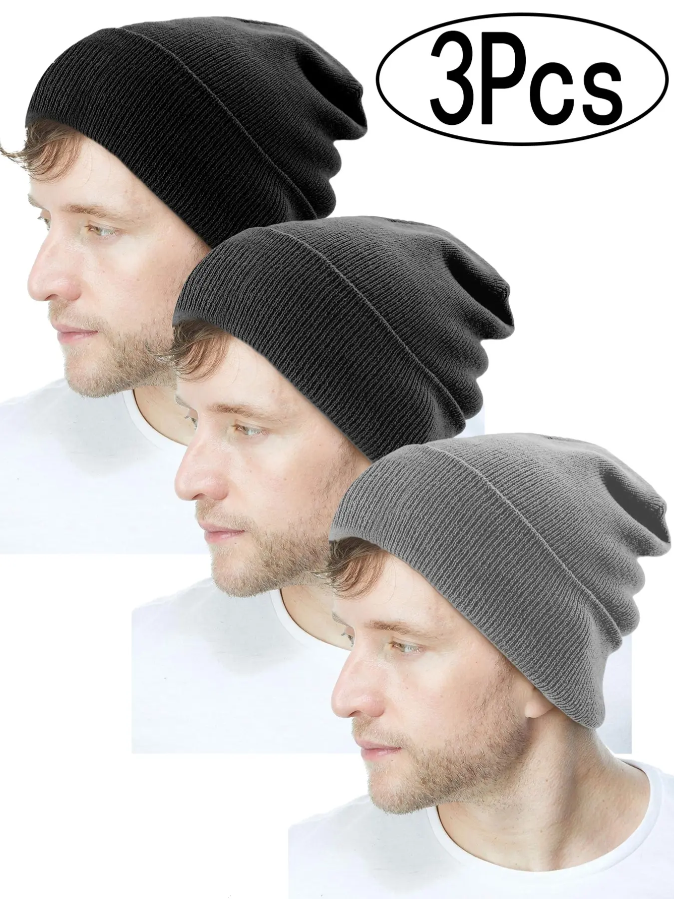 3Pcs-Plain Knit Beanie Hat for Fall & Winter, Casual Fitted Style, Windproof Warm Unisex Beanie in Multiple Colors