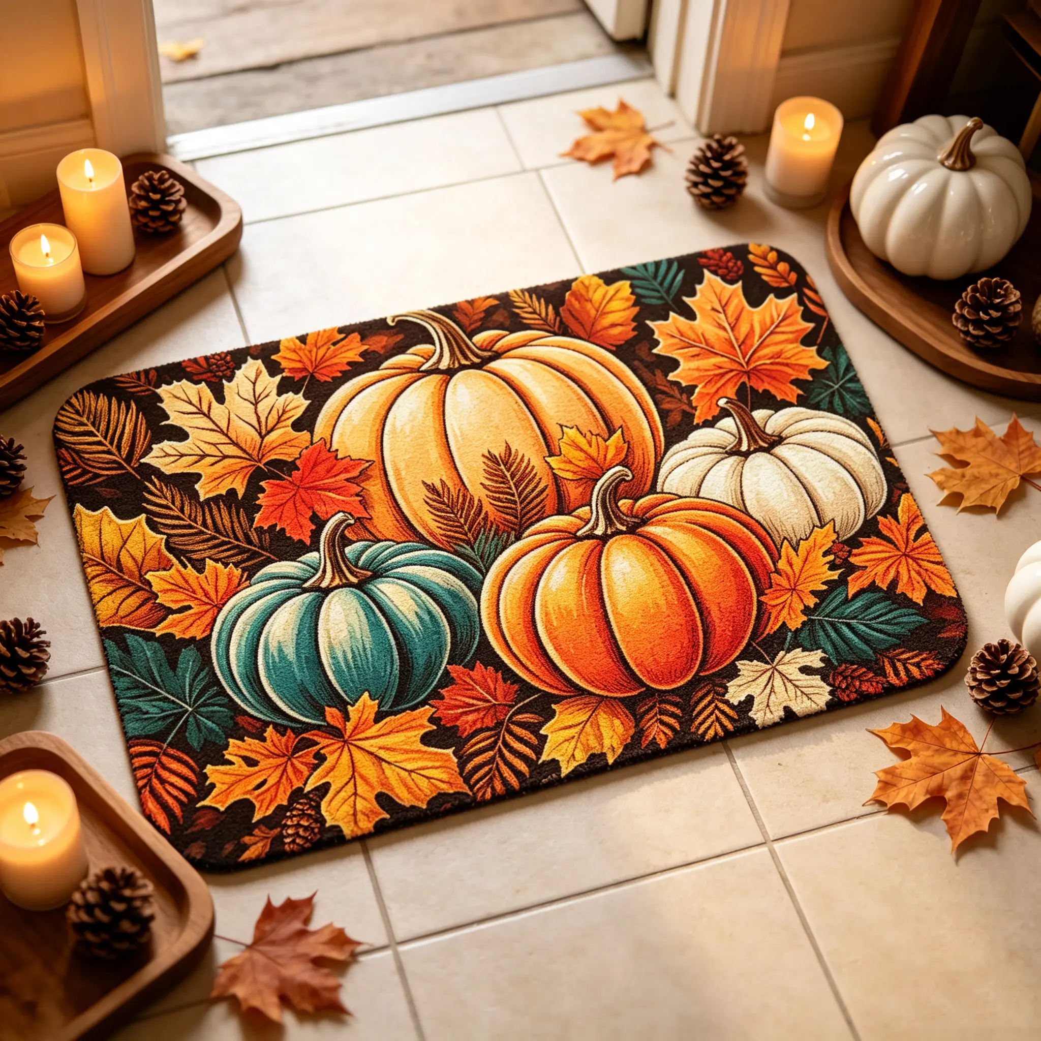 Flannel Fabric Farmhouse Door Mat - 2 Sizes, Fall Harvest Themed, Pumpkin Leaves Patterns, Door Entry Decor for Thanksgiving Home Entrance, Welcome Household Textiles Rug, Farmhouse Look