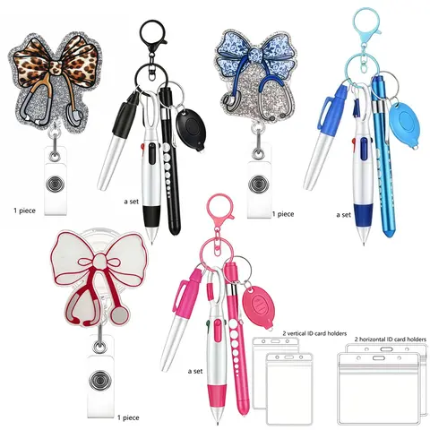 Sparkle Stethoscope Bow Badge Clip Set, Badge Accessories, Medical Badge Reel, Includes Fluorescent Pen & Multicolor Ballpoint Pens, Transparent Card Case, Retractable Keychain Design, Nurse Badge Reel