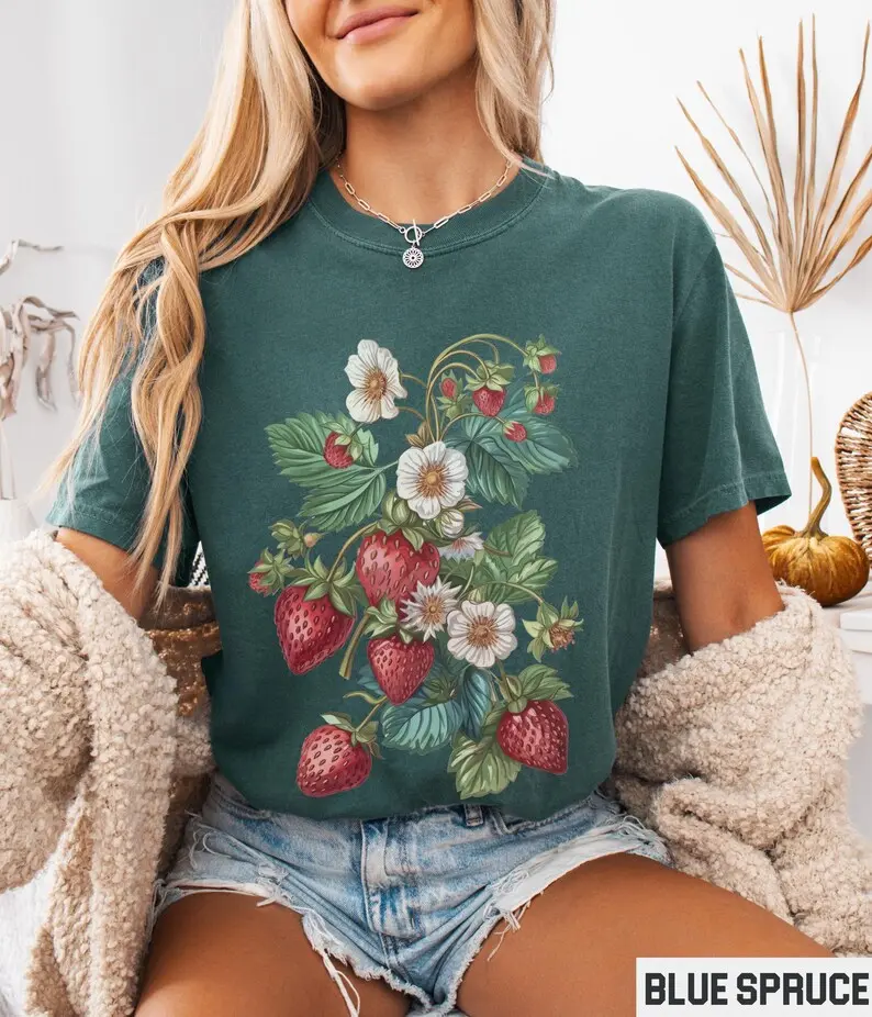 Comfort Colors Cottagecore Strawberry Shirt, Aesthetic Tee, Cotton Shirt, Summer Vibe Outfit, Retro Fruit Spirits women