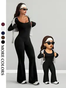 Women's Fashion Fitted Long Sleeve Jumpsuit, Bell Bottom Leg, Casual Elegant Light Fabric, Perfect for Vacation and Leisure Wear Lightweight, Womenswear Casual Solid Color Overalls