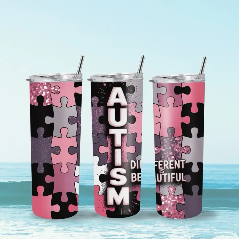 T Cuts Creations Stainless Steel Autism Awareness Water Bottle - Stylish Pink and Black Design, Non-Toxic, Plastic-Free, Vacuum-Sealed, Travel-Friendly Portable Tumbler for Showing Support, Non-Toxic Water Bottles, Plastic-Free Water Bottles
