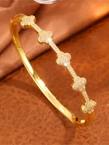 1 luxurious copper bracelet with four leaf flower design, set with rhinestones, elegant women's and men's jewelry, perfect for daily use and vacation, Rhinestone Decorated Bracelet