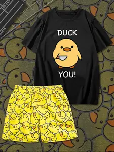 Men's Duck Print Pajama Set, Summer Casual Woven Fabric, Fitted Short Sleeve Loungewear Sleepwear, Comfortable & Stylish, 2 Piece Set, Pjs
