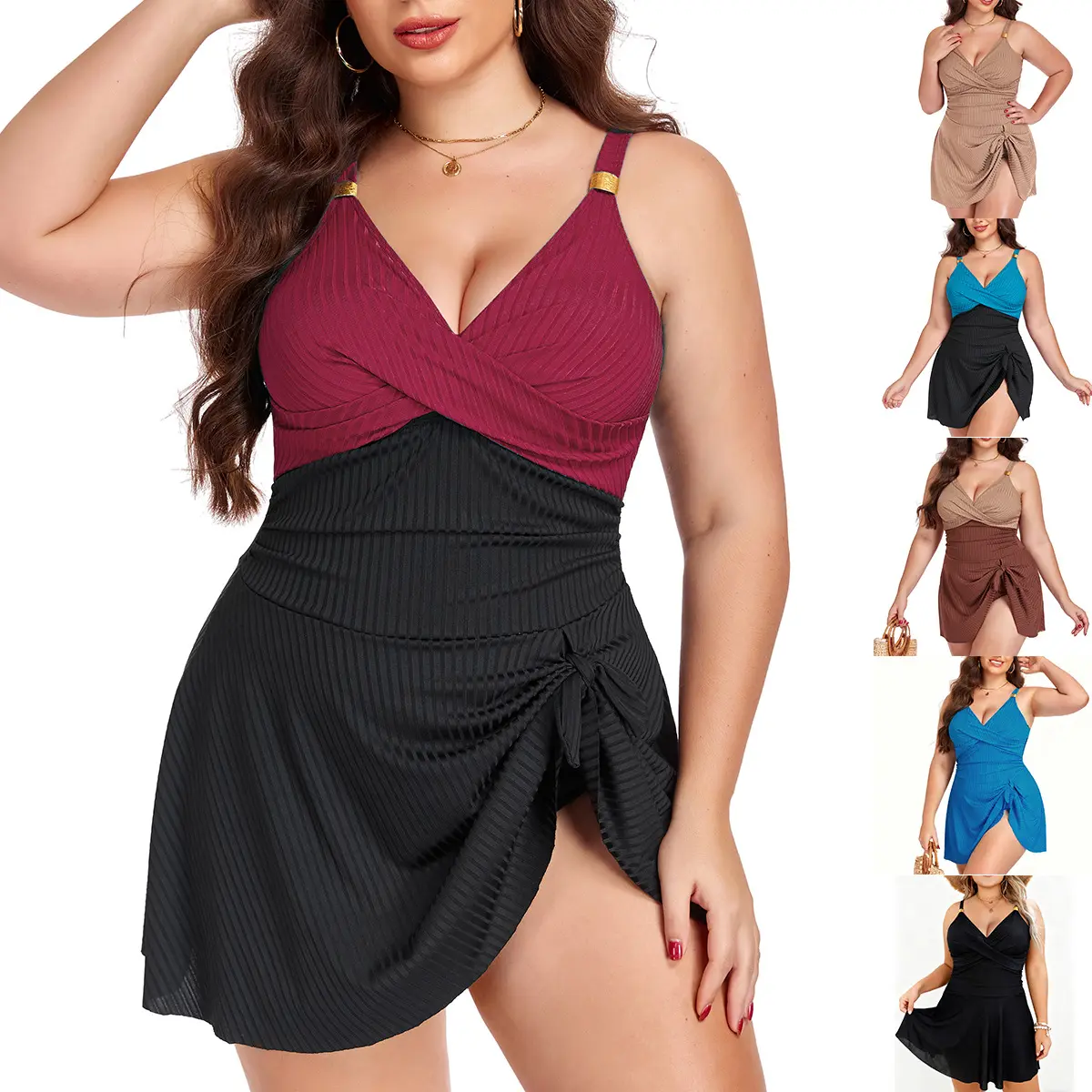 KRYOSAUR Women's Plus Size Nylon V-Neck 1-Piece Bathing Suit - Retro Colorblock, Ruched Tummy Control Swimwear for Sizes L-5XL, Bathing Suits, Swimsuit For Women, Plus Size Bathing Suits