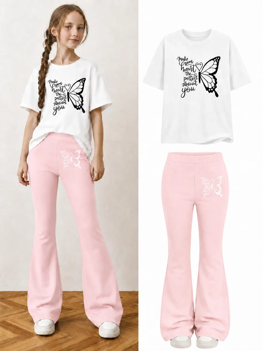 Girls' Back-to-School 2-Piece Set - Butterfly Print T-Shirt, Black Slightly Flared Long Pants, Trendy Casual Campus Wear for 8-16 Year Old Teens