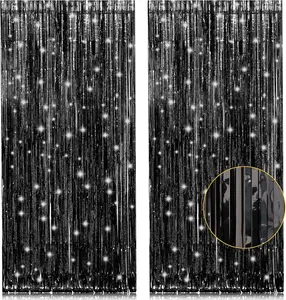 2 Pack 3.2ft x 8.2ft Black Tinsel Foil Fringe Curtains, Metallic Foil Tinsel Photo Booth Backdrop Streamer for New Years Decorations Bachelorette Birthday Holiday Celebration,Christmas Valentines Day  Party Supplies