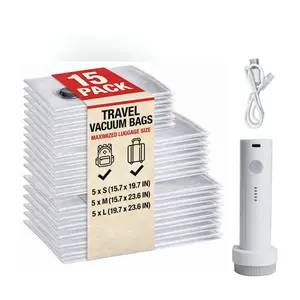 9/15 Pack Vacuum Compression Bags for Travel with Cordless Rechargeable Pump, Lightweight Packing Cubes, Portable Luggage Organizer Set for Clothes