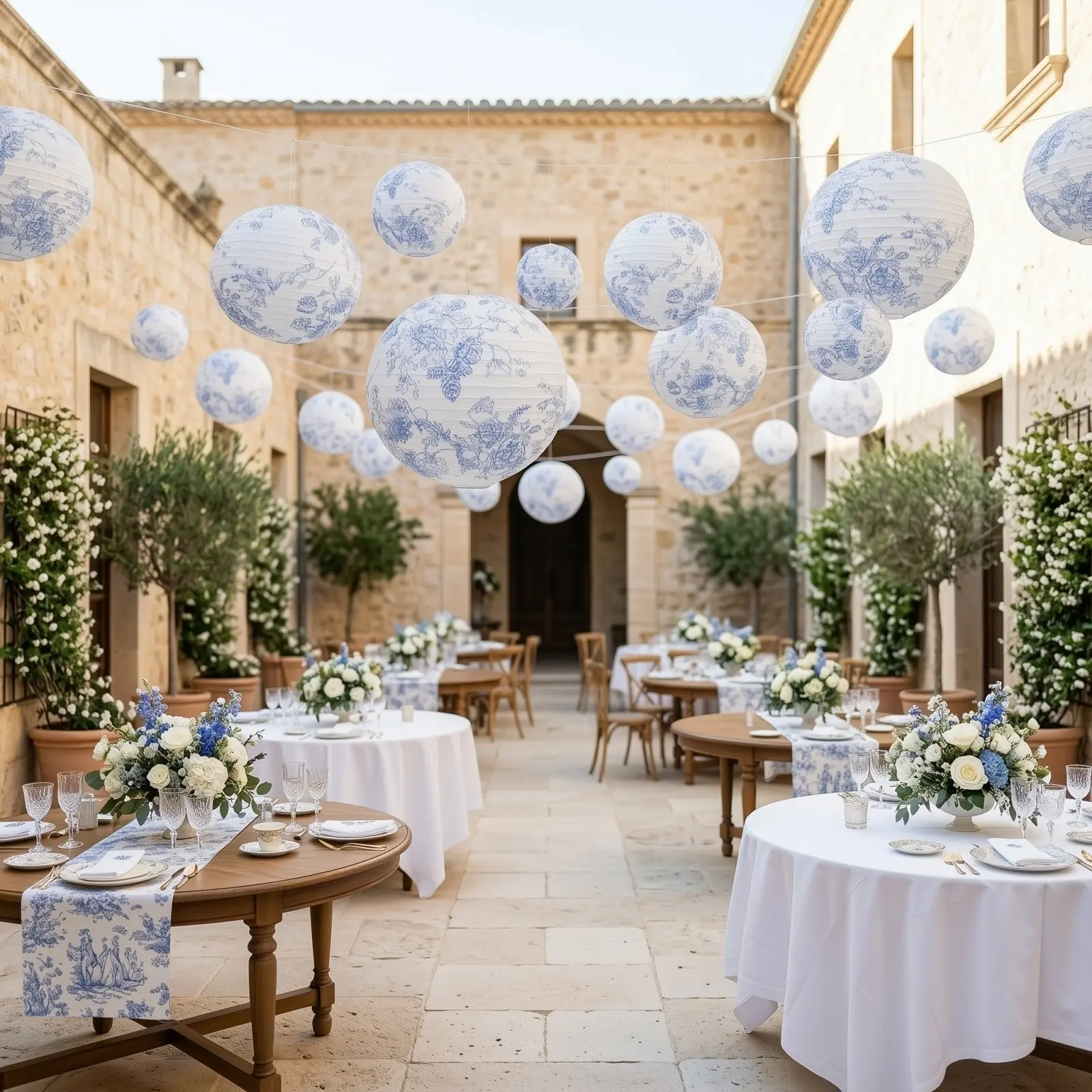 8-Pack Multi-Size Paper Sky Lanterns - French Toile White with Blue Pattern, 6in/8in/10in/14in Hanging Decoration Supplies for Wedding, Birthday, Baby Shower Home Festive Use