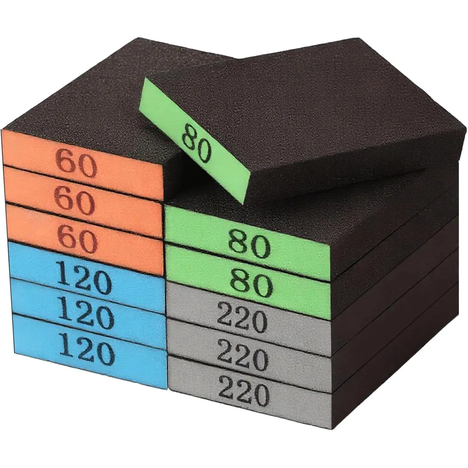 12 Pieces Abrasive Sanding Blocks (3.9" l x 2.7" w x 0.6" h) with 60/80/120/220 Grit Abrasive Particles, Washable Reusable Sanding Sponges for Wood, Drywall, Wood Furniture & Wall Repair, Rust Removing