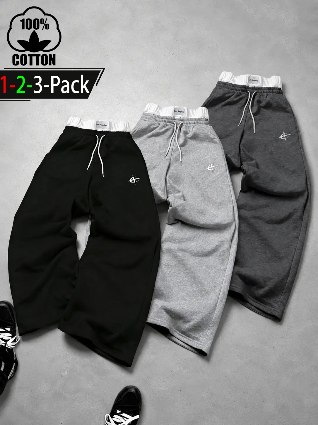 100% cotton, 1–2–3 pack, unisex faux two-piece low-rise dual waistband joggers; loose contrast color street-style running pants; Los Angeles embroidered casual lounge pants; Y2K retro hip-hop style; suitable for the gym, soft and comfortable, everyday wea