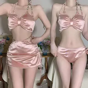 Swimsuit women's split three-piece set of sexy solid colors with diamonds shiny bikini swimsuit pure desire wind bubble hot spring swimsuit