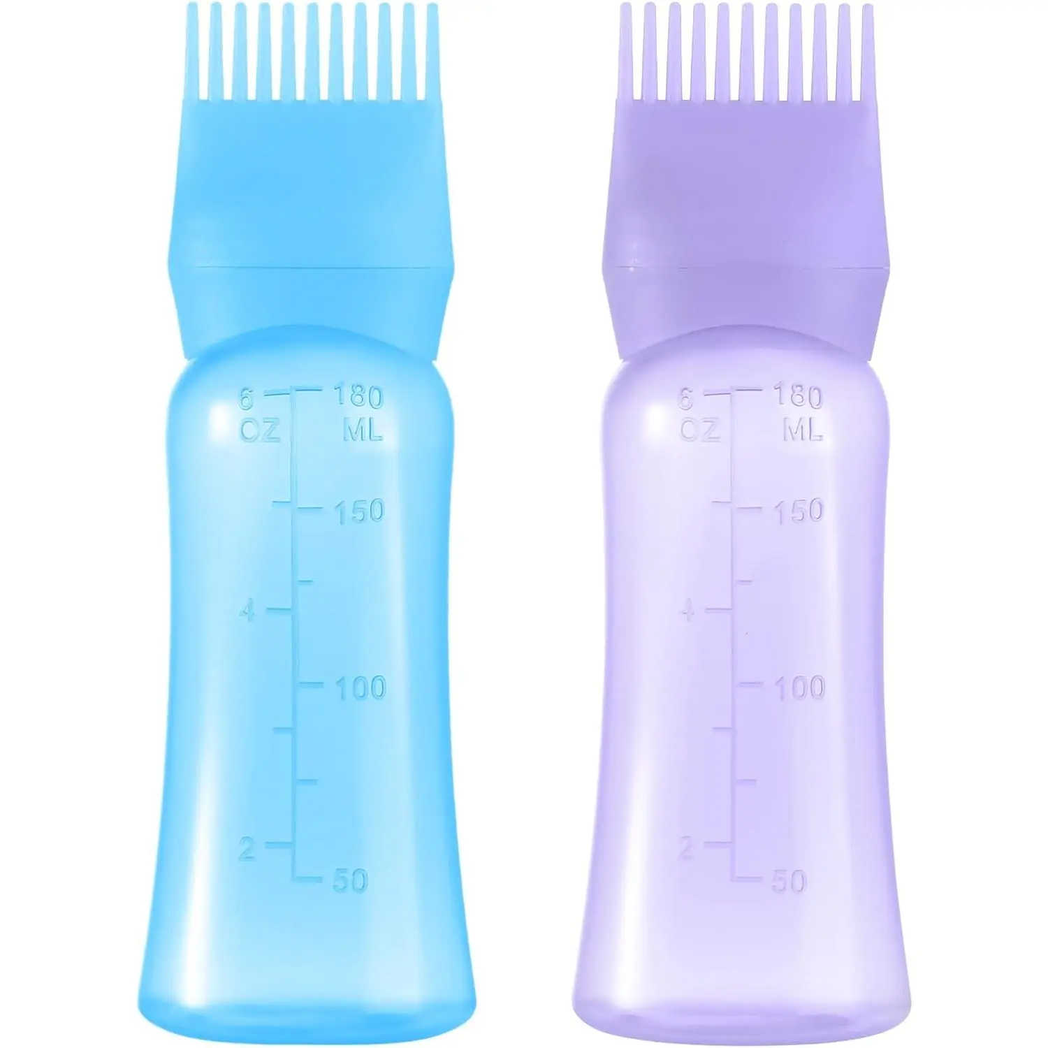 Root Comb Applicator Bottle 6 OZ, Hair Oil Applicator Bottles for Scalp with Massage Comb, 2 Pack Hair Dye Applicator with Graduated Scale (Purple, Blue)