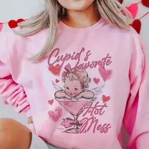 Valentine's Day Cupids Graphic Sweatshirt Valentines Cupids Favorite Hot Mess Pullover Womens Pink Hearts Martini Sweatshirt Cocktail Galentines Top