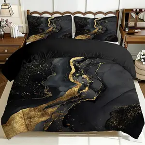 2/3 Pcs Comfortable Black And Gold Abstract Art Duvet Cover Set, Soft And Breathable, 100% Polyester Fiber High-Definition Digital Printing Design, All-Season Home Gift, Machine Washable (1 Duvet Cover +1/2 Pillowcase, No Filling)