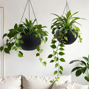 ARCH 13.4 inch Self-Watering Hanging Rattan-Inspired Planter Large Capacity, Root-Rot Resistant Water Storage with Water Level Indicator, Dual-Use for Indoor & Balcony Decoration (Pack of 2, Black)
