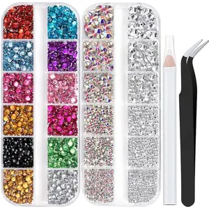 Flatback Rhinestones Rainbow Gems Crystal Nail Rhinestones for Crafting, Colorful+ AB+Transparent White Rhinestones for Bedazzling with Picker Tools for Nail Art and Face Makeup