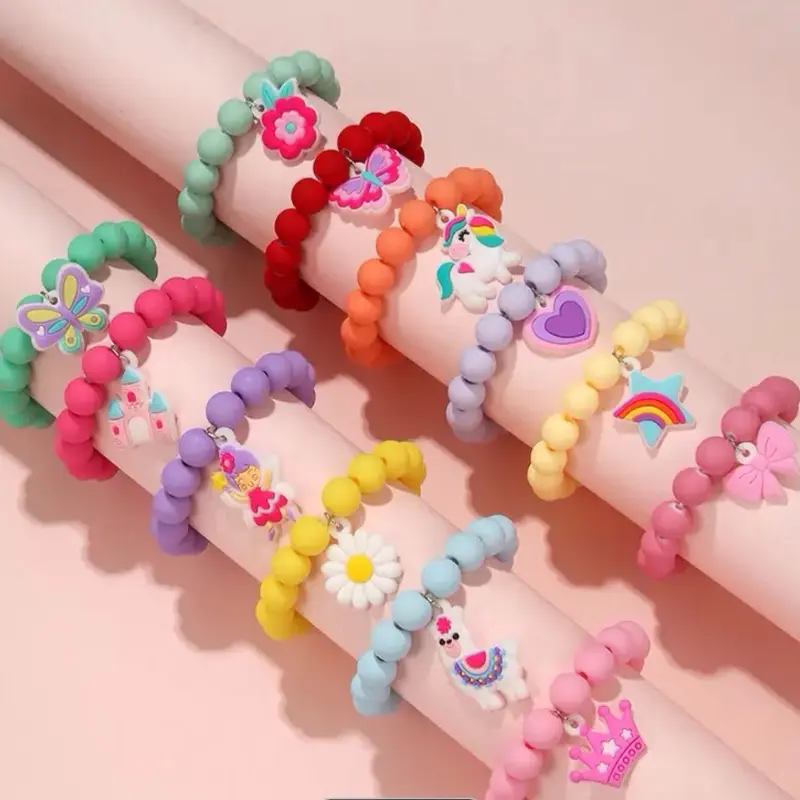 6-Piece Toddler Bracelet Set, Vibrant Plastic Beaded Jewelry with Colorful Charms, Cute Easy-Wear Elastic Design for Kids, Toddlers, Playful, Beads, Quick Slipon, Elastic Fit Stays Comfy For Play, Casual, 6 Cute Designs, Cute Elastic Design