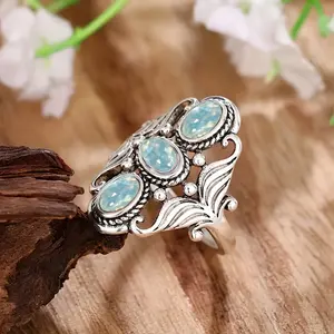 Women's Bohemian Style Silver-Plated Moonstone Statement Ring - Vintage Retro Costume Fashion Accessory