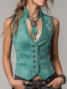 Women's Retro Western Denim Gilet Sleeveless Vest, Fitted Short Waist Cinching Outerwear, Casual Outdoor Layering Piece, Single Button Design, Womenswear