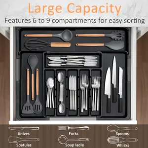 Premium Silverware, Flatware and Utensil Organizer for Kitchen Drawers, Food-Safe Contract Grade, Expandable from 13.2 to 22 In, Black