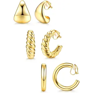 Milacolato Women's 3-Pair Hypoallergenic 14 Karat Gold-Plated Fashion Earrings Set, Non-Pierced Clip-On with Chunky Tubes, Croissant Cut, Tear Drop & Hoop Shapes, Trendy Stocking Stuffers Fake Jewelry