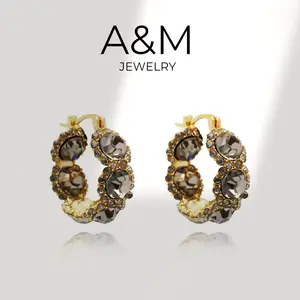 A&M 14K Gold Plated Elegant Rhinestone Decorated Hoop Earrings for women, Exquisite Trendy Hoop Earrings, Jewelry