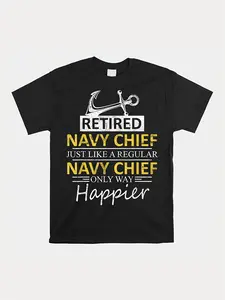 1pc Retired Navy Chief Graphic T-Shirt, 100% Cotton Crew Neck Tee, Casual Short-Sleeve Printed Shirt for Men, Summer Knit Fabric with Medium Stretch, Regular Fit - Black, All-Season Casual Wear for sport Fans|Playful Design Tee| Ideal for Gym & Outdoor Ac