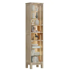 Casvik 71" Tall Glass Display Cabinet with 3-Color LED Lights, Narrow Curio Cabinet with Adjustable Glass Shelves, Dimmable Trophy Case for Figures & Collectibles, Oak