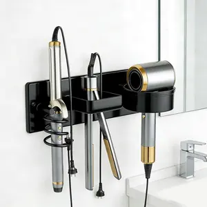 Hair Dryer Holder Wall Mounted Curling Iron Holder Flat Iron Blow Dryer Holder 3 in 1 Hair Tool Organizer Rack for Bathroom (Black-A)