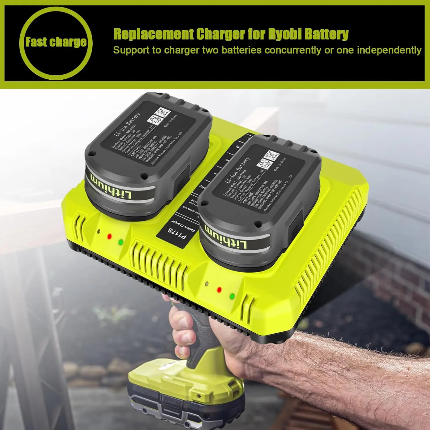 Dual Port | 18V Charger Station | Ryobi P117 | Replacement for Ryobi P118 Charger | Compatible with 12V-18 Volt ONE+ Batteries | LED Indicator | Wall Mounting Design | Safe Cooling Channel | For Ryobi Power Tools | Home & Workshop Use | Efficient Charging