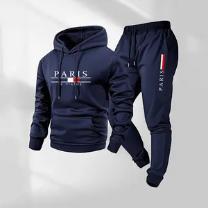 Men's Parisian Letter Pattern Print Hoodie and Drawstring Sweatpants Set, Menswear, Casual Athletic Long Sleeve Hooded Jacket & Trousers for Fall & Winter, Men's Clothing for Daily Wear, Sportswear Indoor Outdoor, Tracksuit, Athleisure