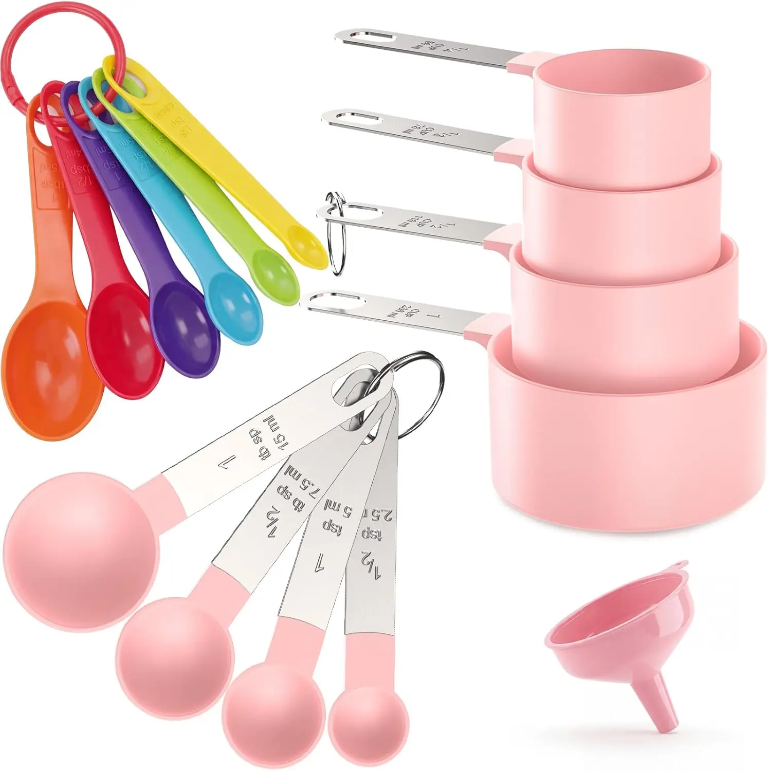 Blush Pink 15-Piece Stackable Colored Plastic Measuring Cups & Utensils Set, Reusable BPA-Free Meal Prep Tools with Stainless Steel Handles, Detachable for Family Meals Baking & Cooking Dry/Liquid Ingredients