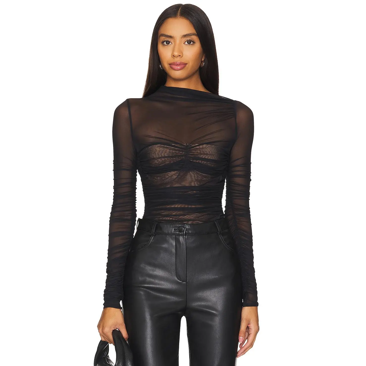 SEROYA Mila Ruched Bodysuit With Asymetric Neck in Black